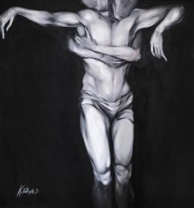 14951543815424, ołówek, olej na płótnie, 140x130 cm, sygn. l.d. i tył, 2022